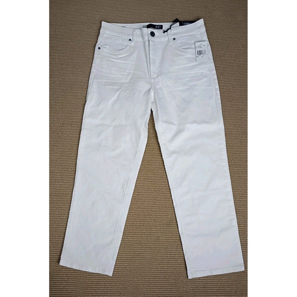 Kut From The Kloth Elizabeth Crop Straight Pants Womens 8 White High Rise Denim